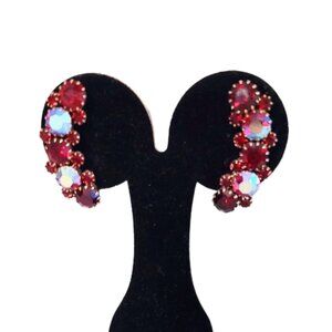 1960s Vintage Red Rhinestone Aurora Borealis Large Curved Ear Climber Earrings